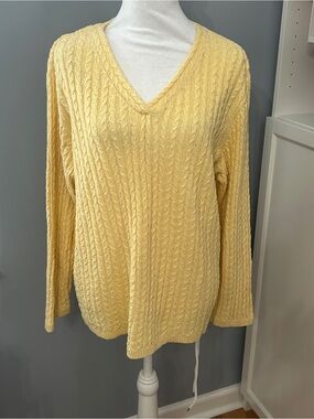 Talbots Woman Yellow Cable Knit V-Neck Sweater Size 1X Cotton Blend Long Sleeve